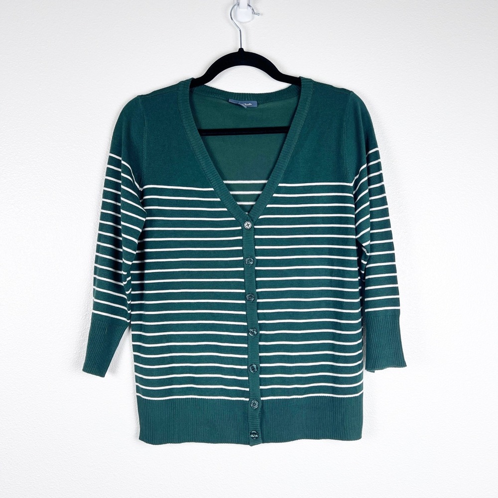 ModCloth Womens Striped Cardigan Knit Sweater Dark Green White V-Neck Large
